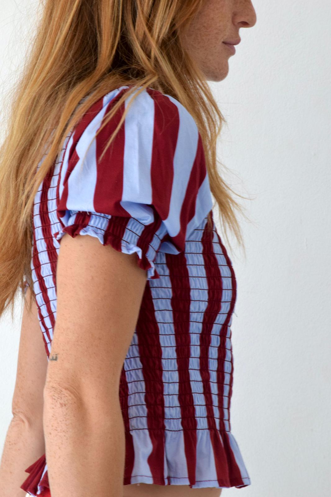 Blouse Chía Rayures Manches Courtes Bordeaux Et Bleu Clair