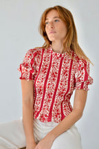 Chía Blusa Flores Manga Corta Rojo