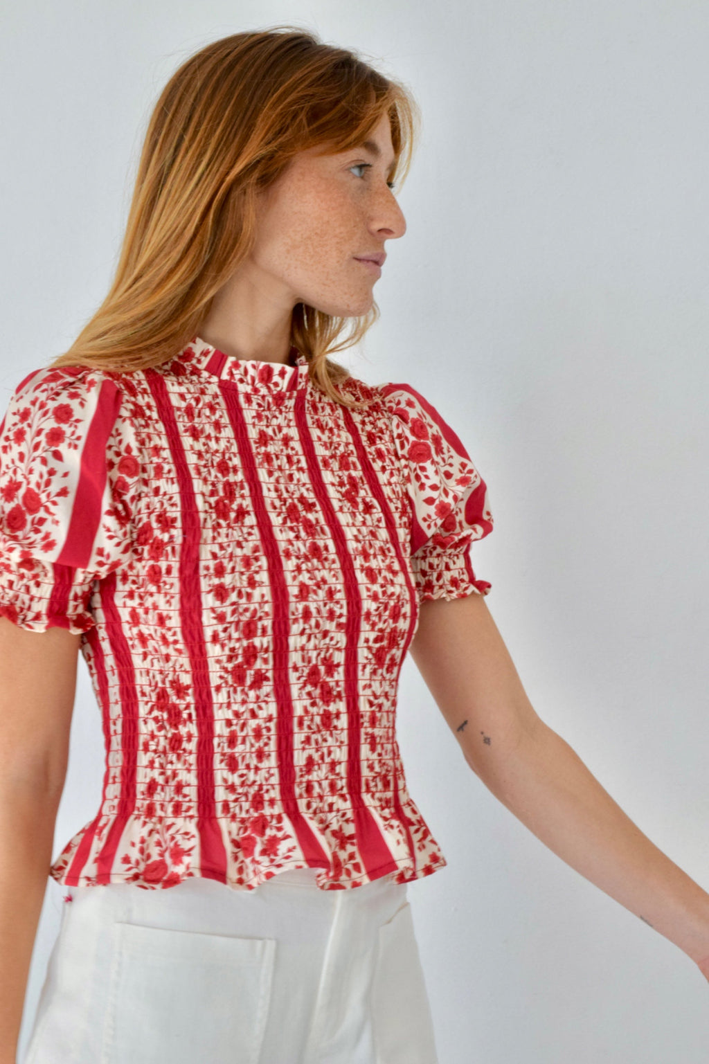 Chía Blusa Flores Manga Corta Rojo