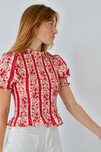 Chía Blusa Flores Manga Corta Rojo