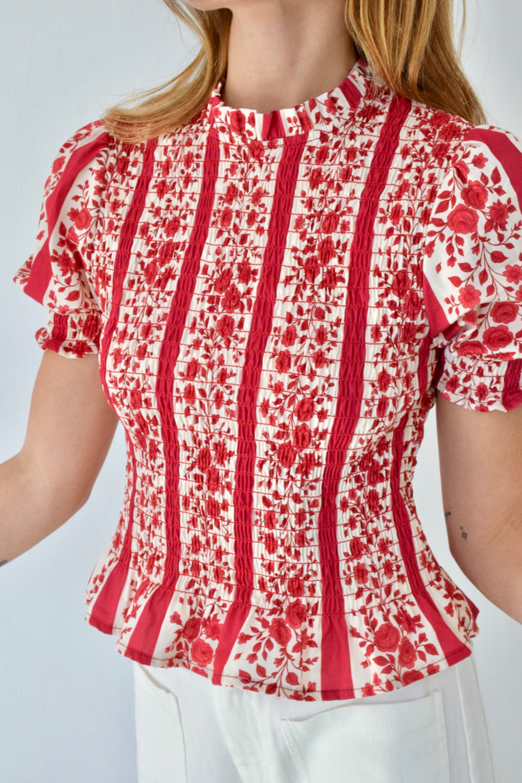 Chía Blusa Flores Manga Corta Rojo