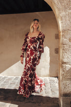 Robe Longue En Crêpe De Soie Imprimée - Rouge