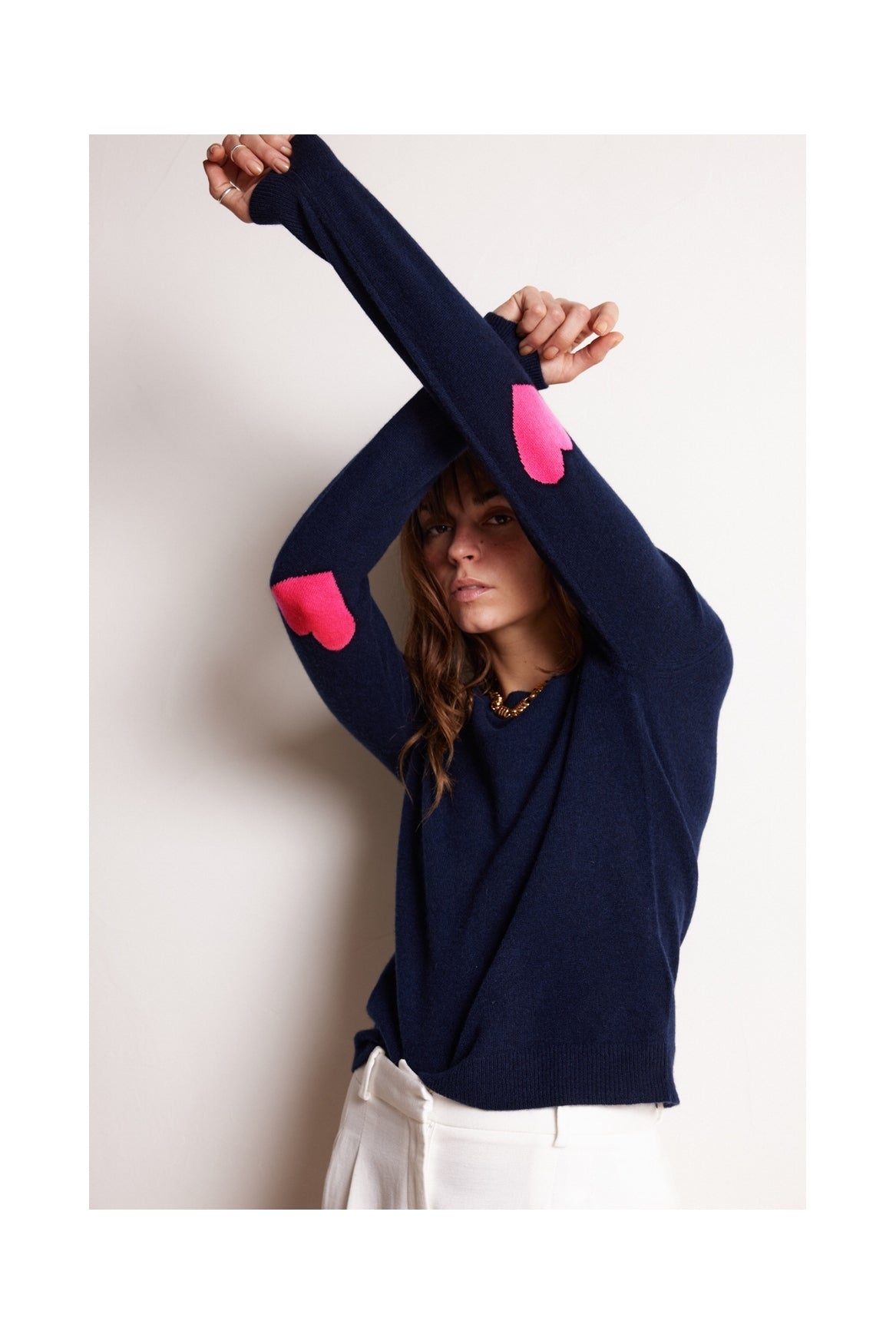 Maglione Girocollo Cuore Gomiti Zaime - Blu Marino Rosa Fluo