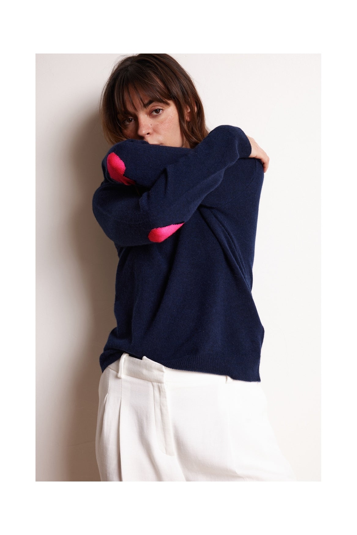 Maglione Girocollo Cuore Gomiti Zaime - Blu Marino Rosa Fluo
