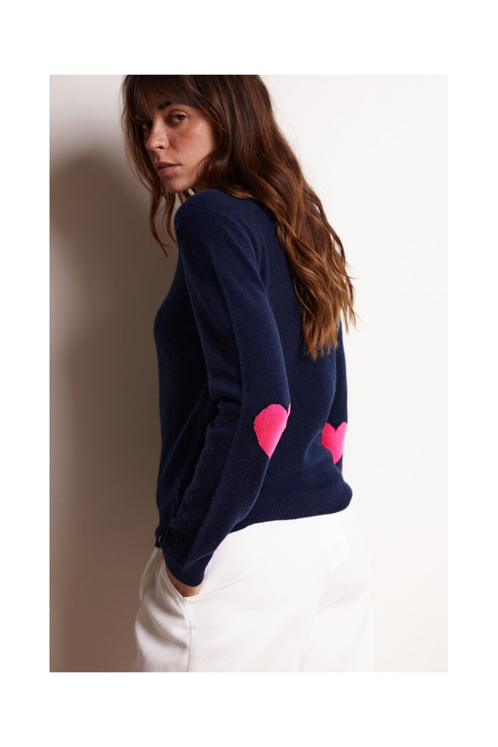 Maglione Girocollo Cuore Gomiti Zaime - Blu Marino Rosa Fluo