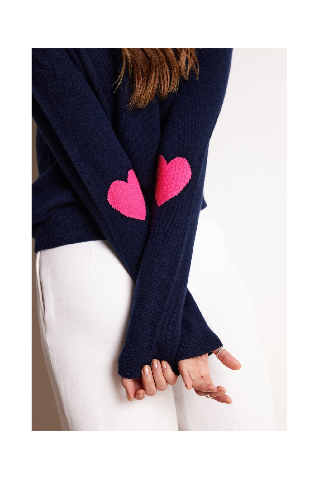 Maglione Girocollo Cuore Gomiti Zaime - Blu Marino Rosa Fluo