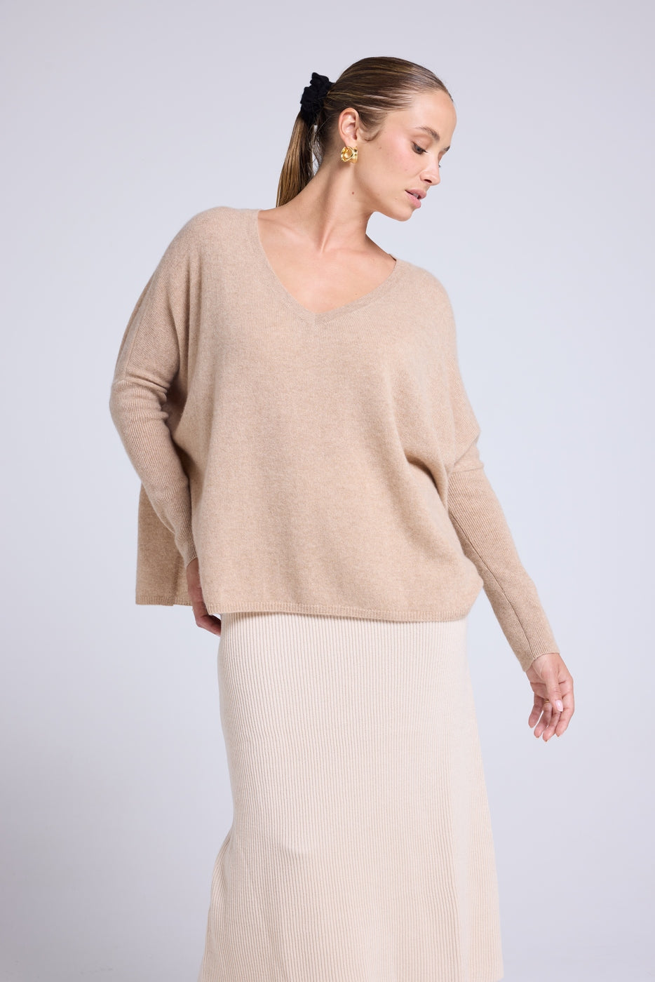 Poncho-Pullover mit V-Ausschnitt Zancha – Cremeweiß – Damen