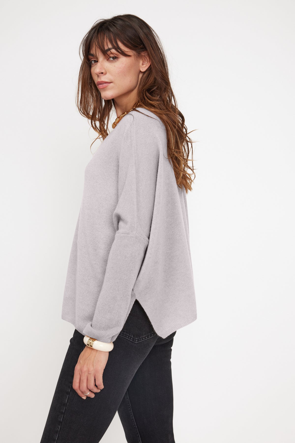 Pull Col V Poncho Zancha - Gris Clair - Femme