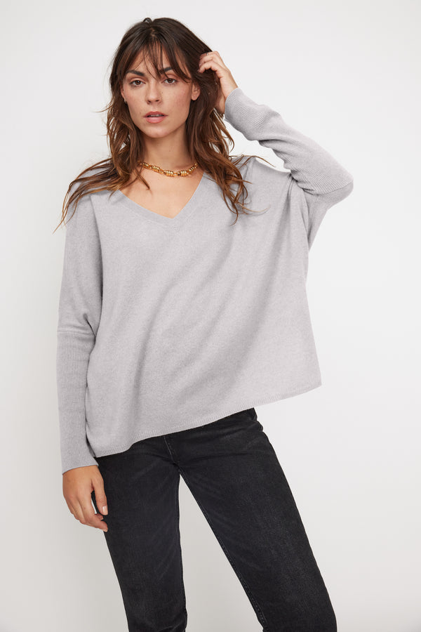 Pull Col V Poncho Zancha - Gris Clair - Femme