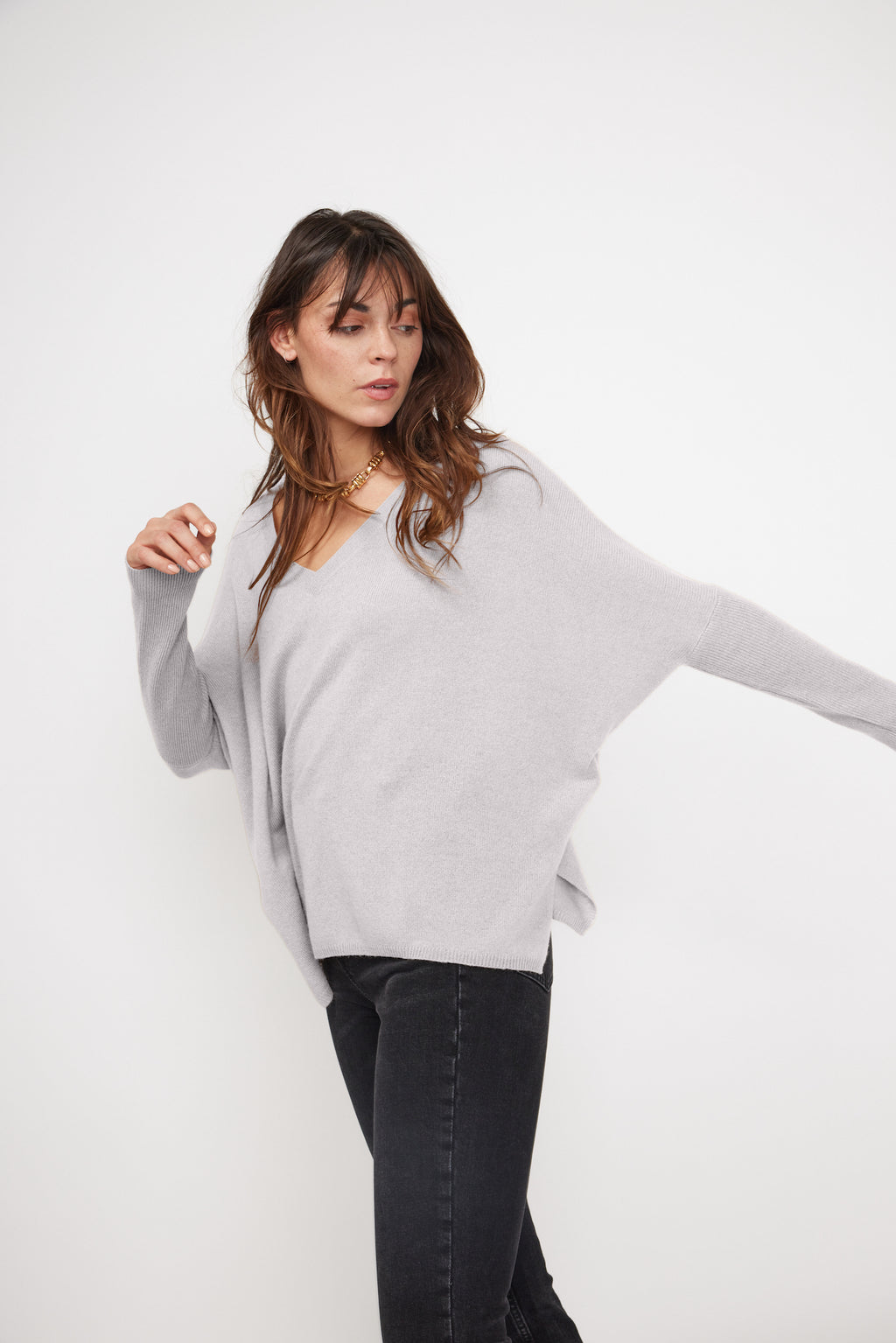 Pull Col V Poncho Zancha - Gris Clair - Femme