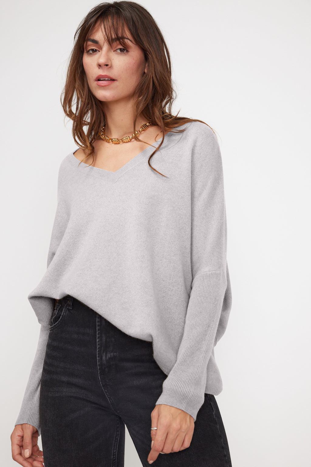 Pull Col V Poncho Zancha - Gris Clair - Femme