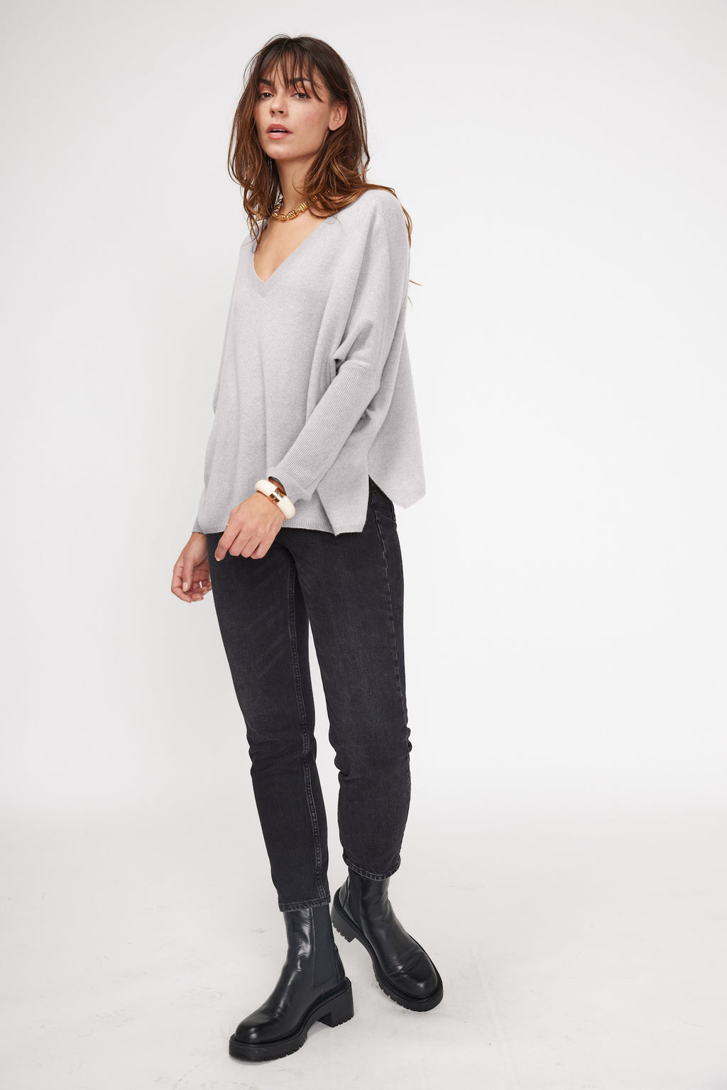 Pull Col V Poncho Zancha - Gris Clair - Femme