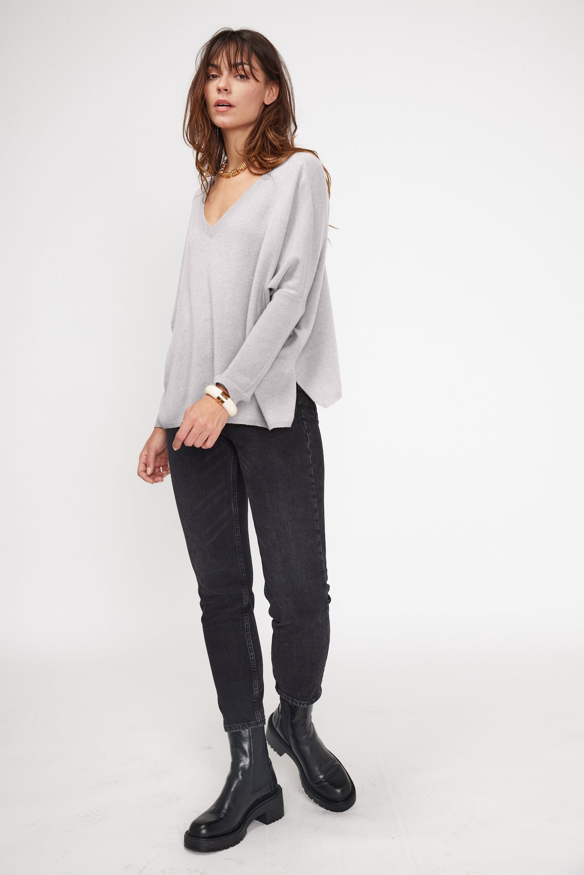 Pull Col V Poncho Zancha - Gris Clair - Femme