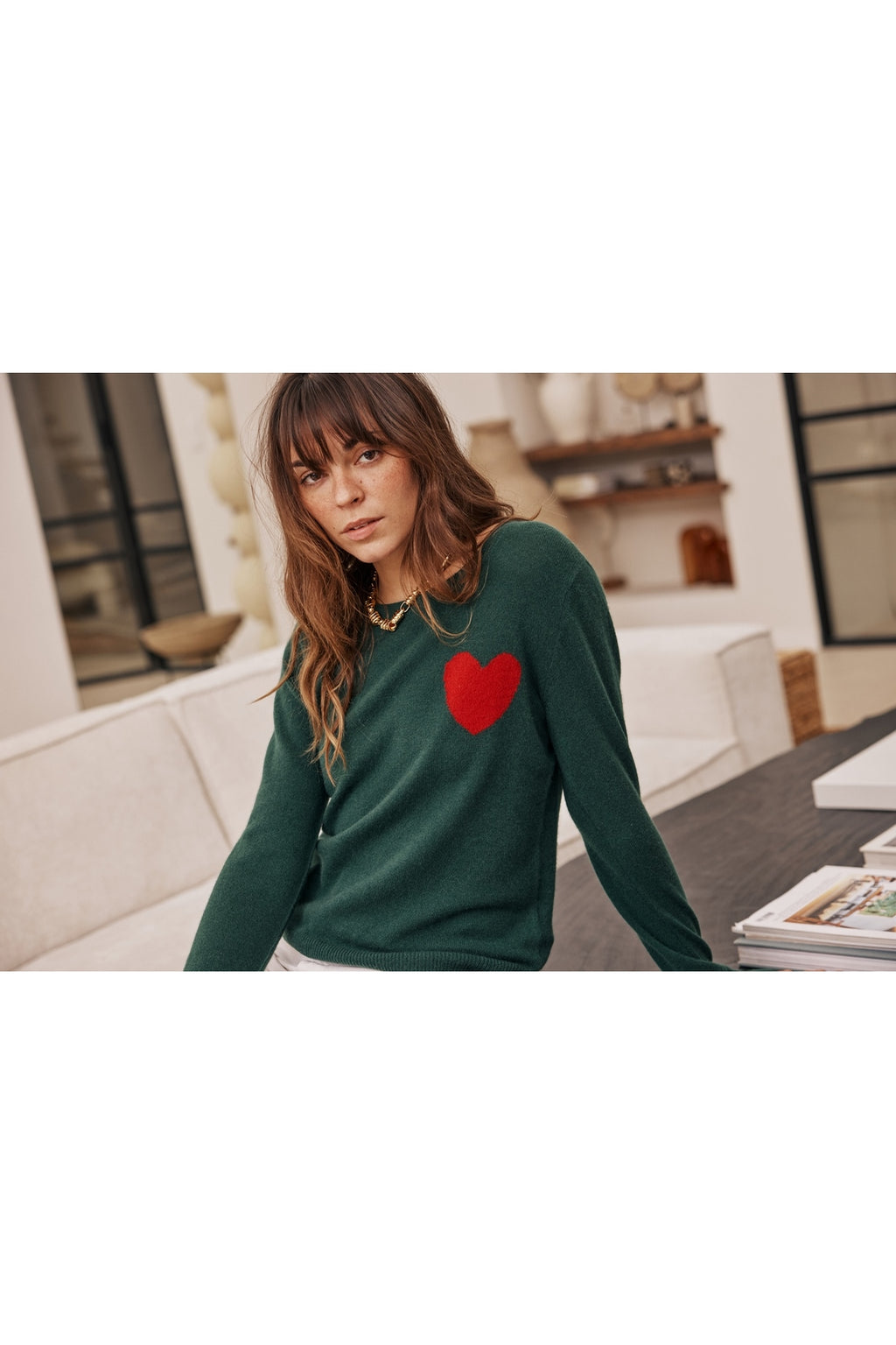 Pull Col Rond Love Heritage Zaphira - Vert Bouteille Rouge