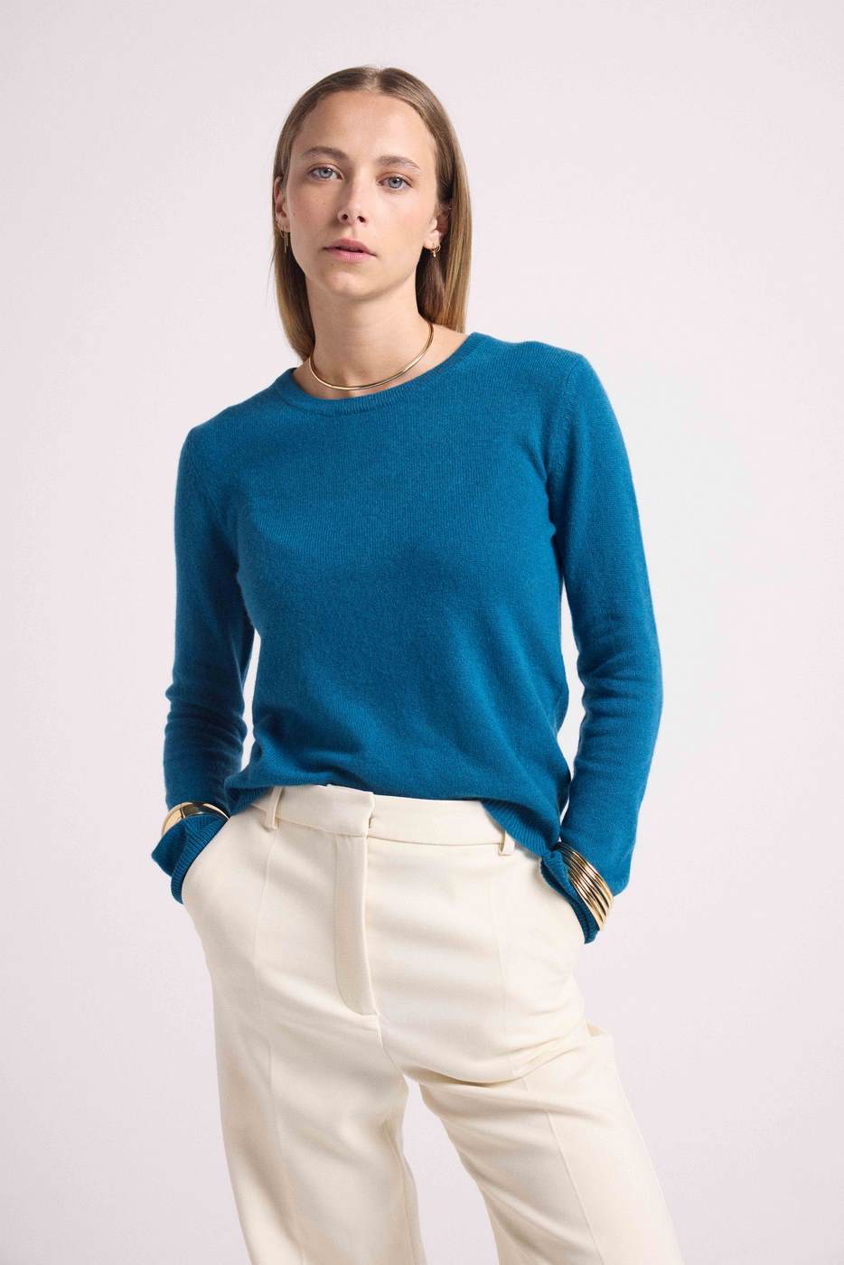 Pull Col Rond Zara - Bleu Peacock - Femme