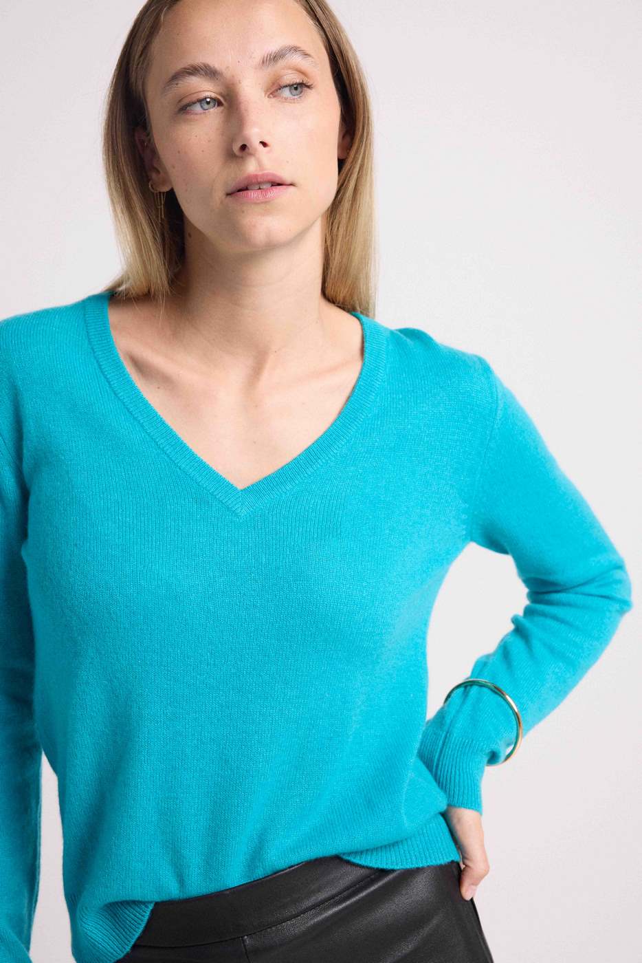 Pull Col V Zefina - Bleu Turquoise