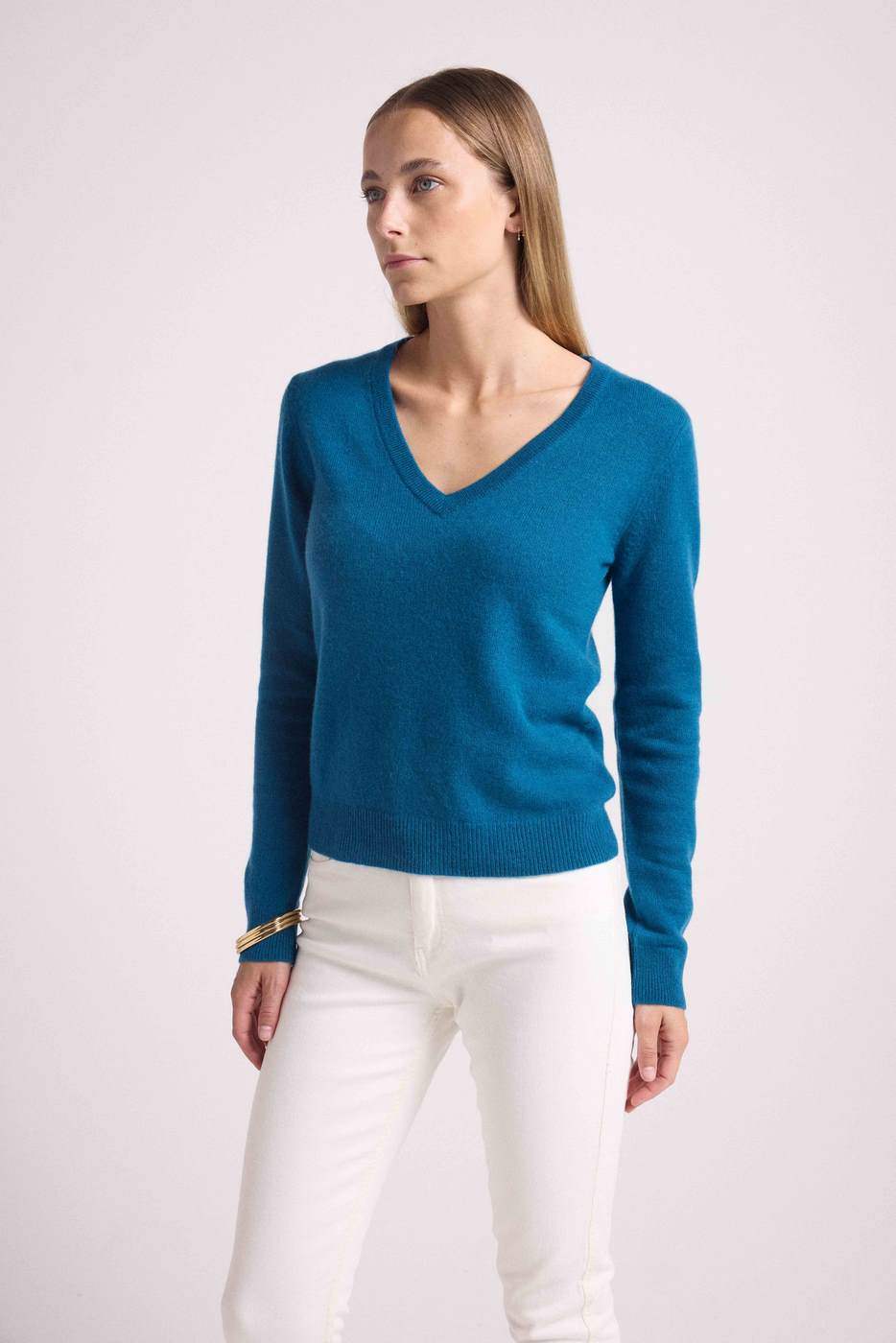 Pull Col V Zefina - Bleu Peacock - Femme