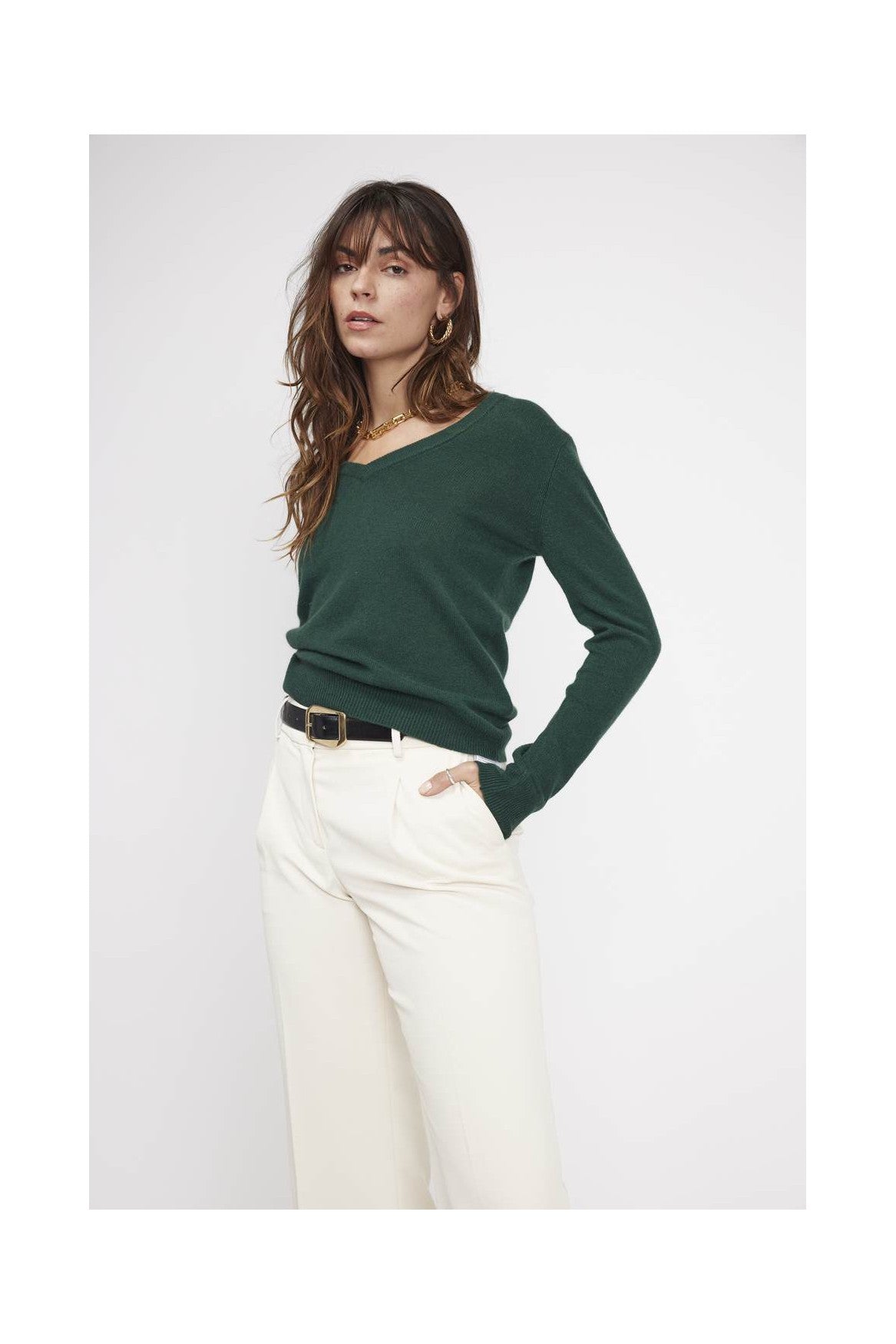 Zefina V-Neck Jumper - Bottle Green - Women