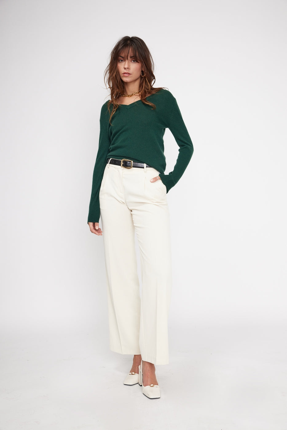 Zefina V-Neck Jumper - Bottle Green - Women