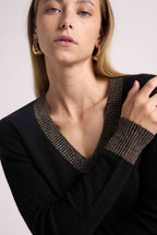 Zephana Color Rib V-Neck Sweater - Black Gold