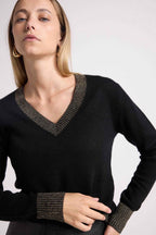 Zephana Color Rib V-Neck Sweater - Black Gold