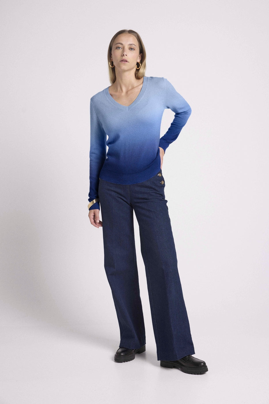 Pull Col V Dip Dye Zip - Bleu
