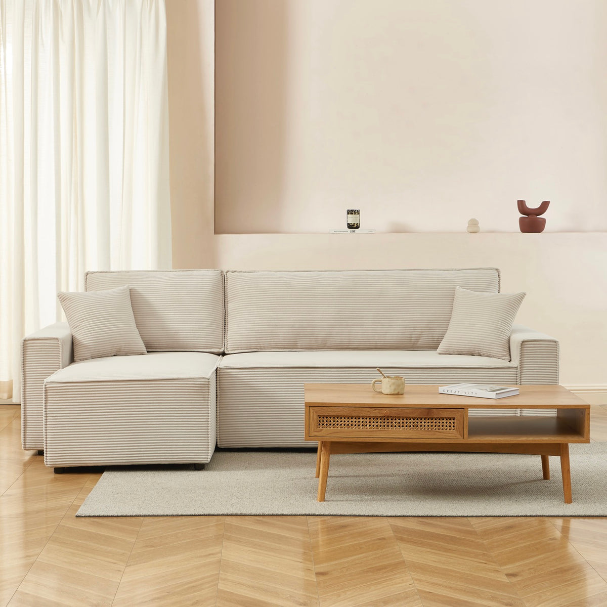 Zola - Omkeerbare Hoekbank Slaapbank 4-Zits - Beige Ribfluweel