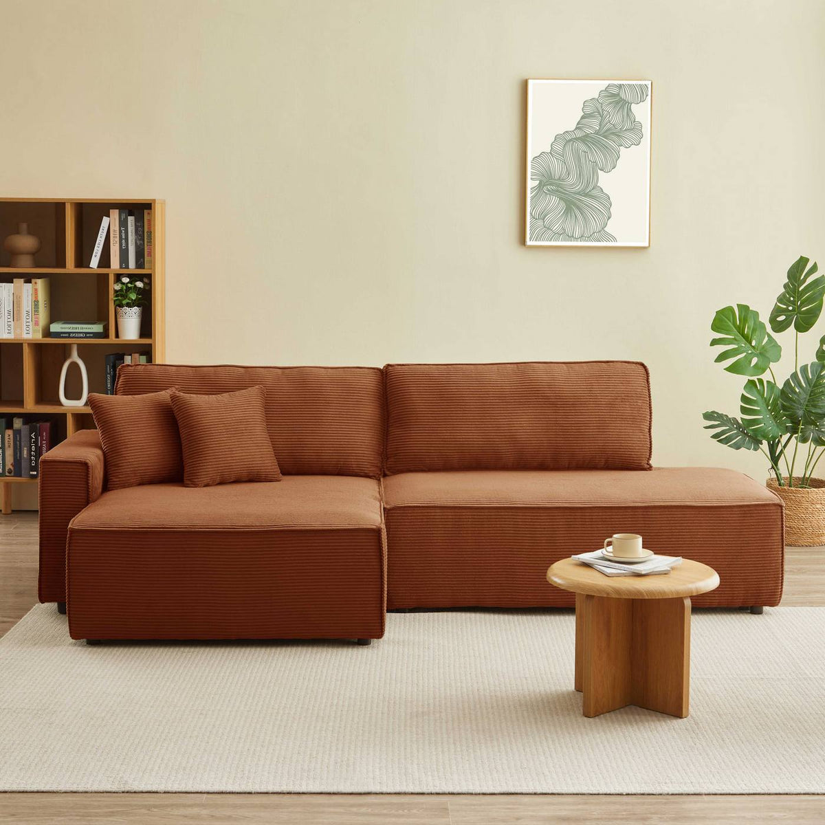 Zola - Canapé D'Angle Gauche Ouvert Convertible 4 Places - Velours Cotelé - Terracotta