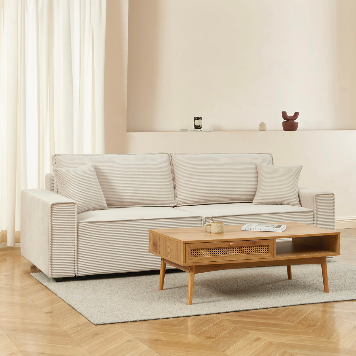 Zola - Rechte Slaapbank 3-Zits - Beige Ribfluweel