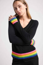 Pull Col V Arc En Ciel Rib Zora - Noir - Femme