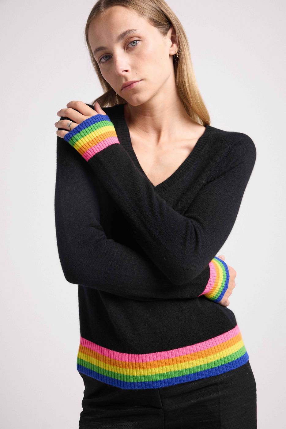 Pull Col V Arc En Ciel Rib Zora - Noir - Femme