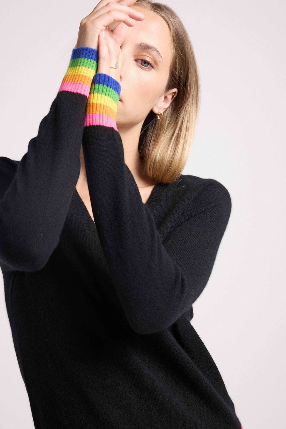 Pull Col V Arc En Ciel Rib Zora - Noir - Femme