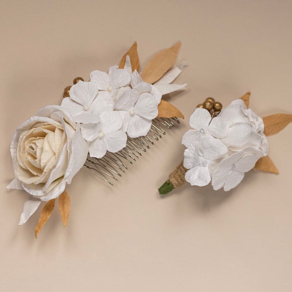 Haarkamm aus Papierblumen Weiß und Gold