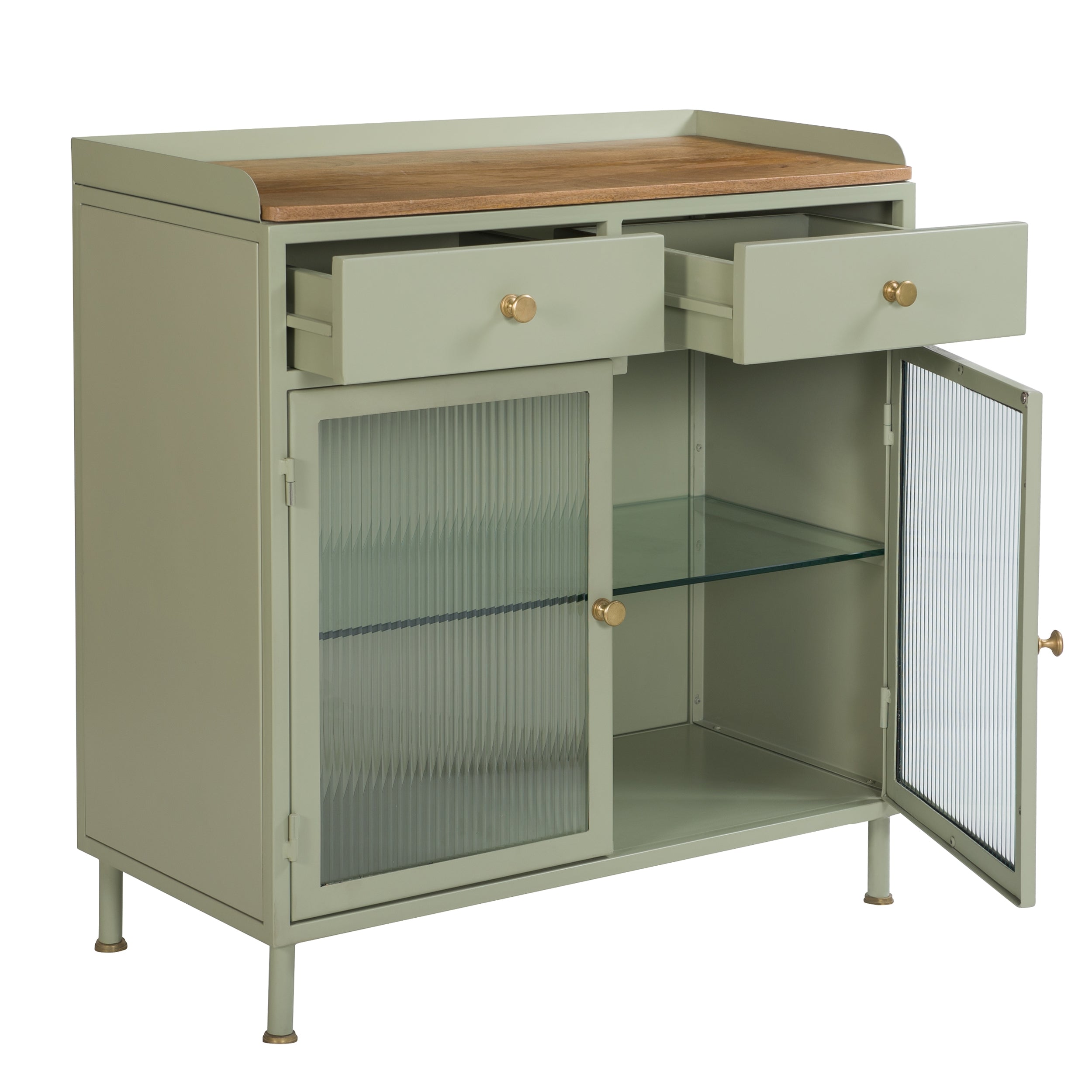 Marnie - Aparador 2 Puertas 2 Cajones De Metal Verde, Madera De Mango Y Vidrio