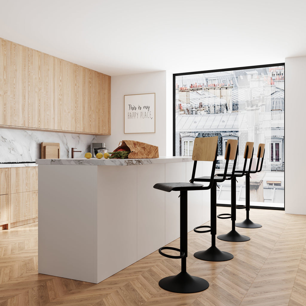 Clem - Set of 2 Adjustable Bar Chairs in Light Wood and Black