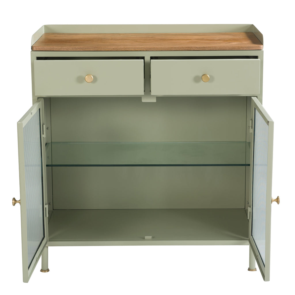 Marnie - Aparador 2 Puertas 2 Cajones De Metal Verde, Madera De Mango Y Vidrio