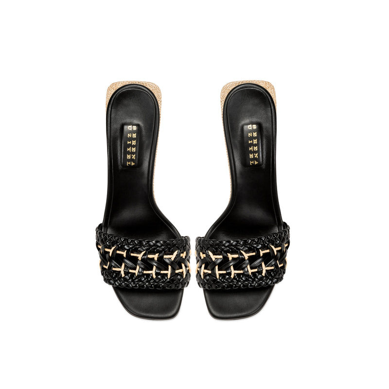 Almeria Black Wedge Sandal featuring a stylish woven strap design and sleek black finish.