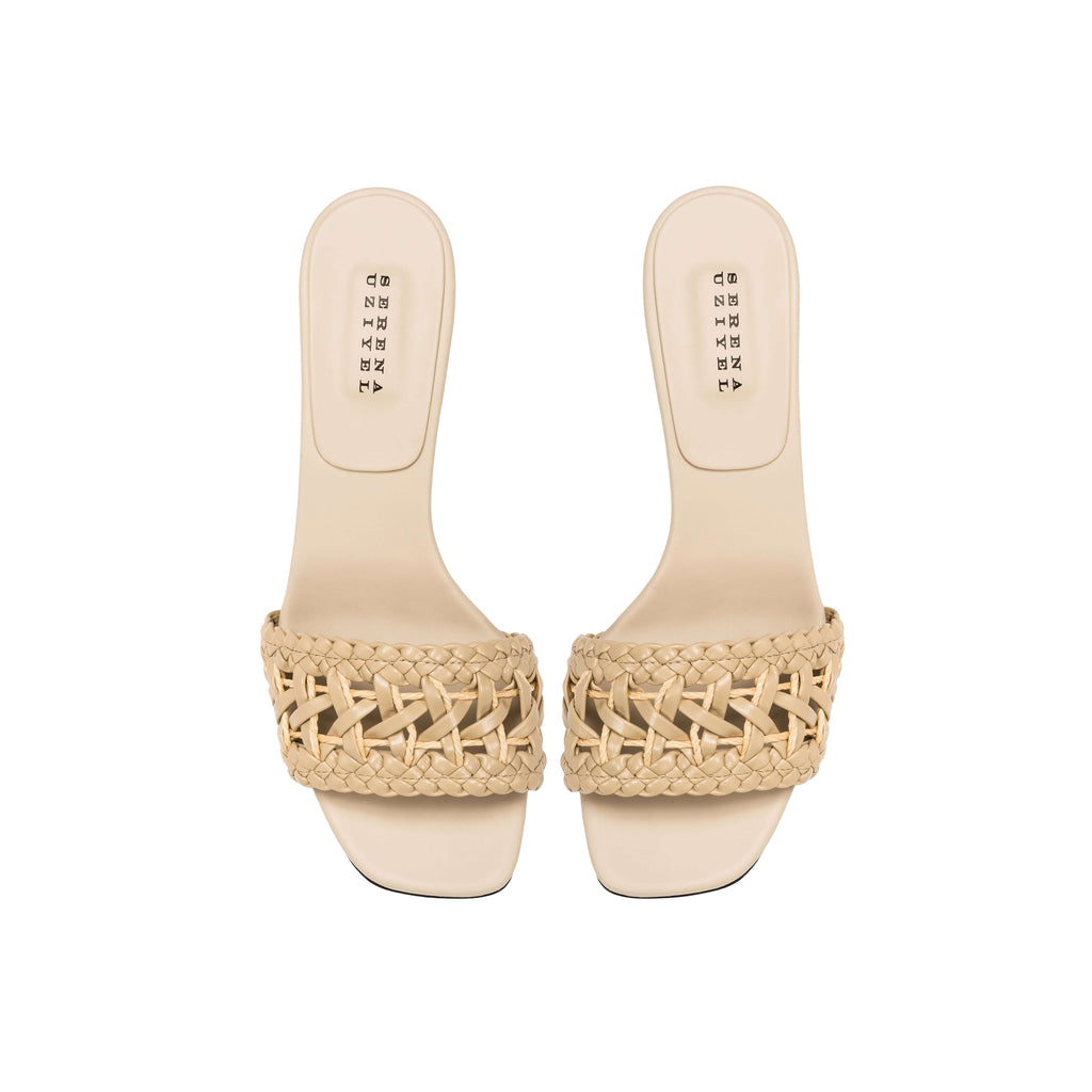 Almeria Nude Block-Heel Sandal featuring a braided strap and open toe design, crafted in Italy for comfort and style.