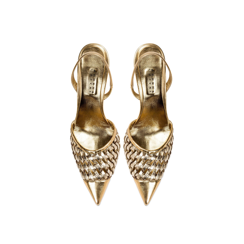 Almeria Sahara high-heel slingback pumps with woven metallic design in gold, perfect for elevating any outfit.