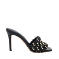 Aurnia black high-heel sandals featuring a chic woven design with gold accents, perfect for stylish occasions.