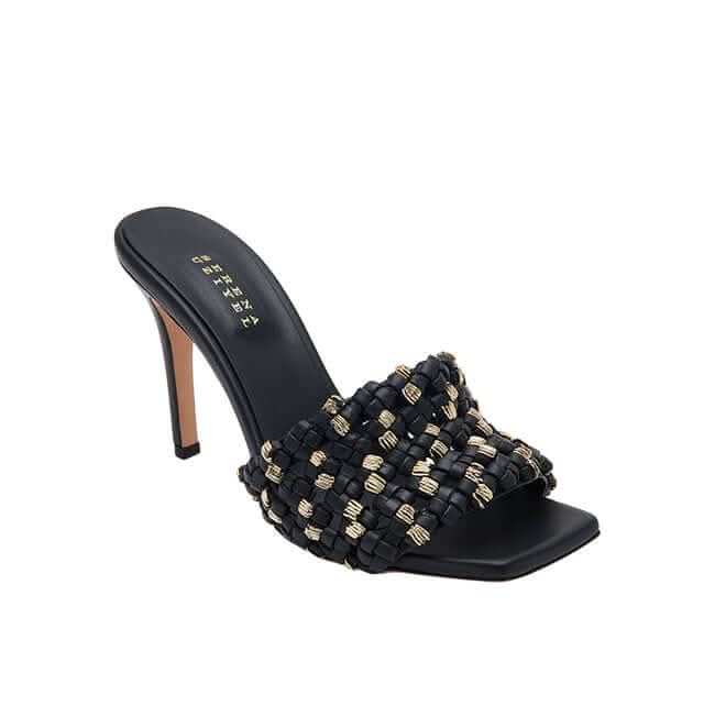 Aurnia black high-heel sandal featuring elegant woven design and gold accents, perfect for stylish occasions.