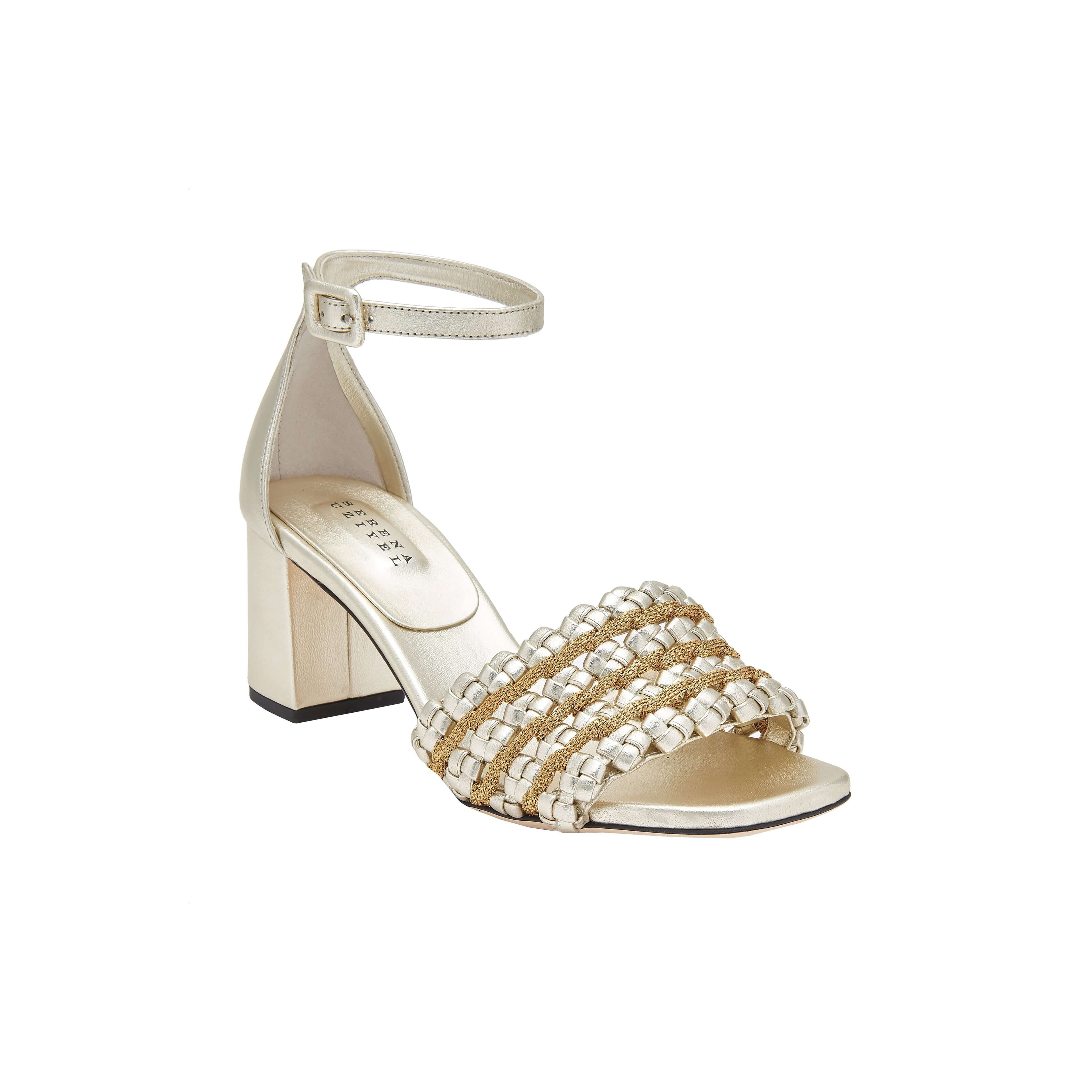 Aurnia Sahara Block Ankle Sandal with braided straps and 50MM block heel, crafted in sahara leather, elegant and comfortable.