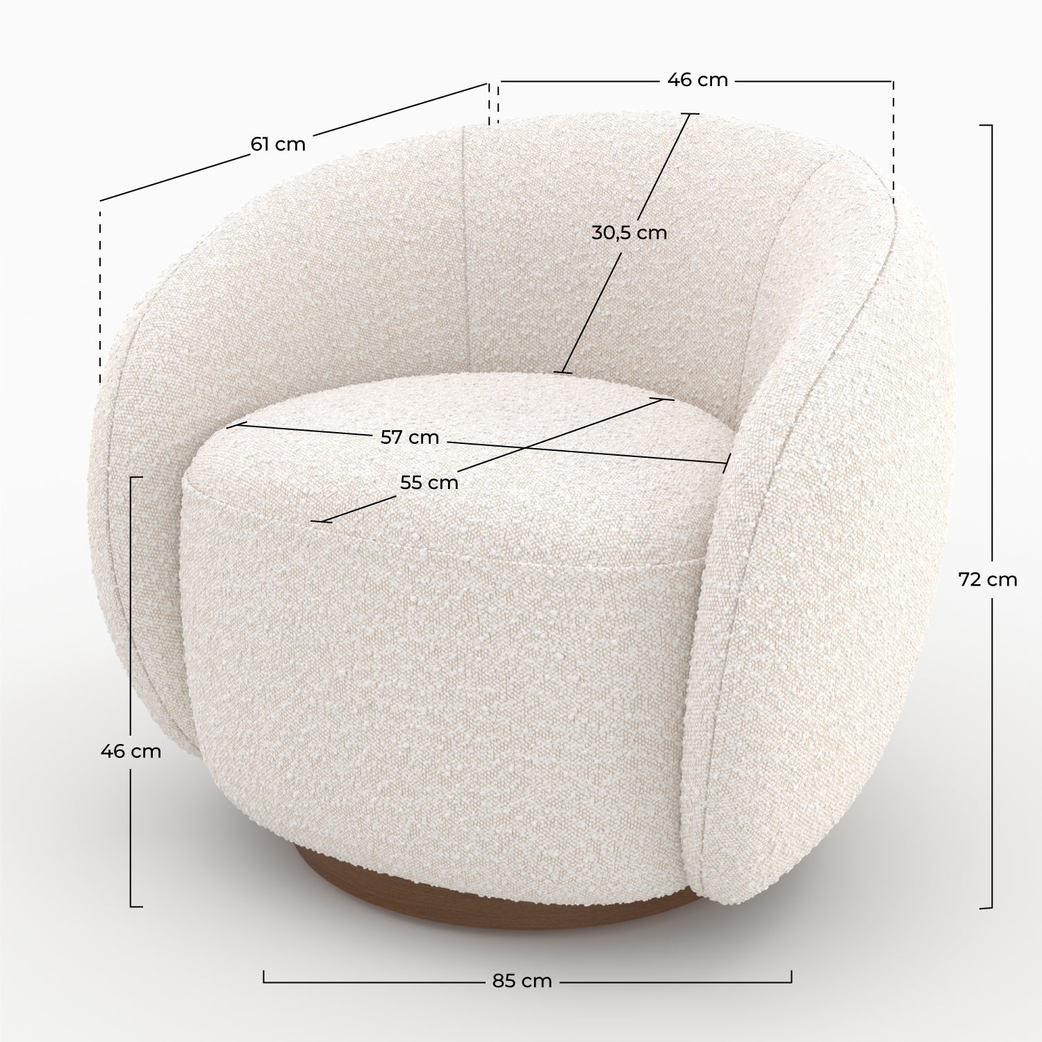 Naya - Swivel Armchair in White Bouclé Fabric