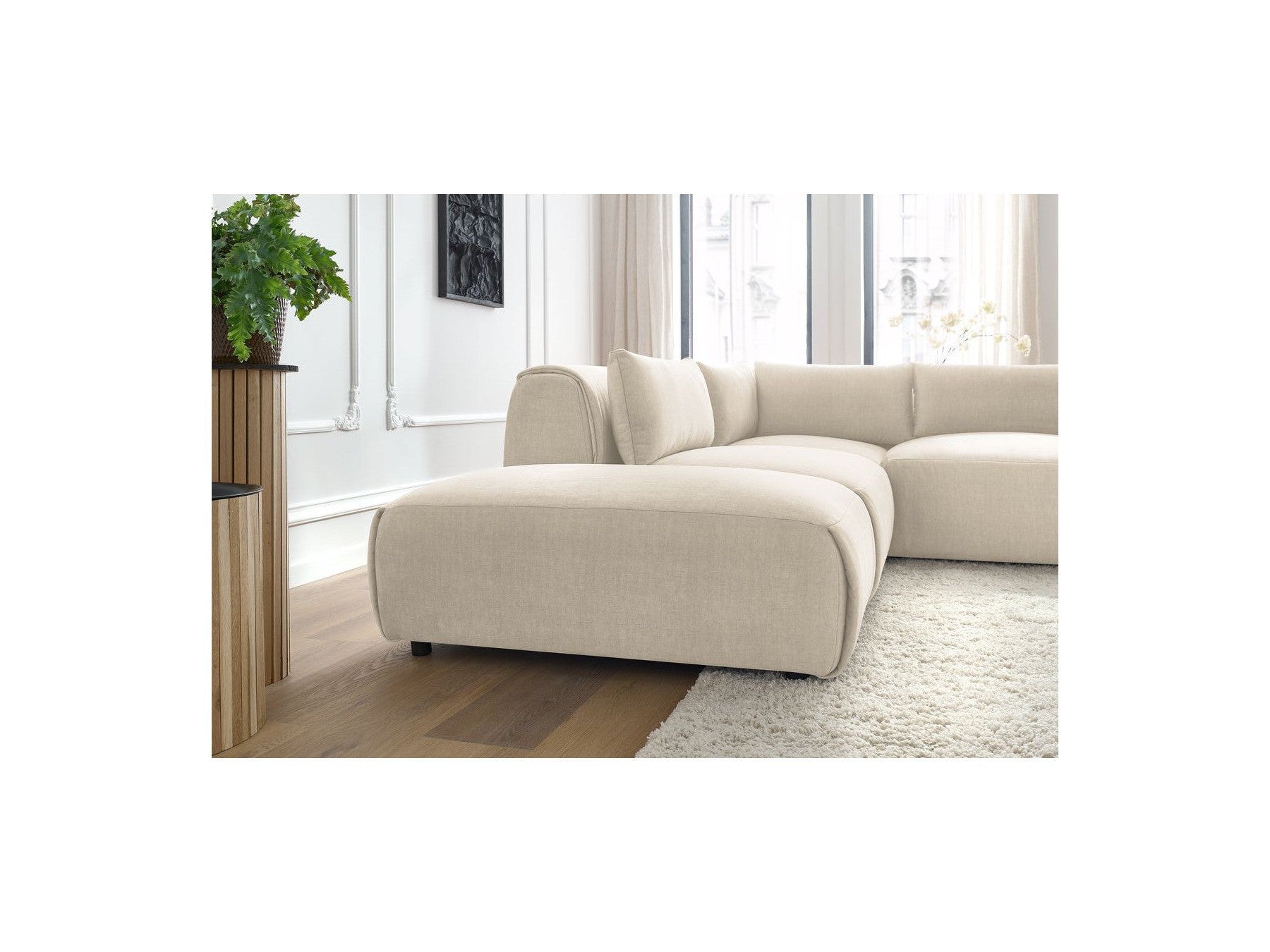 Jeanne - Canapé D'Angle Fixe Modulable - Tissu Velours Avec 2 Chauffeuses, 1 Angle Et 2 Poufs