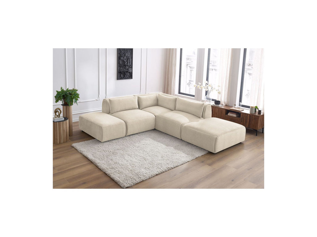 Jeanne - Canapé D'Angle Fixe Modulable - Tissu Velours Avec 2 Chauffeuses, 1 Angle Et 2 Poufs