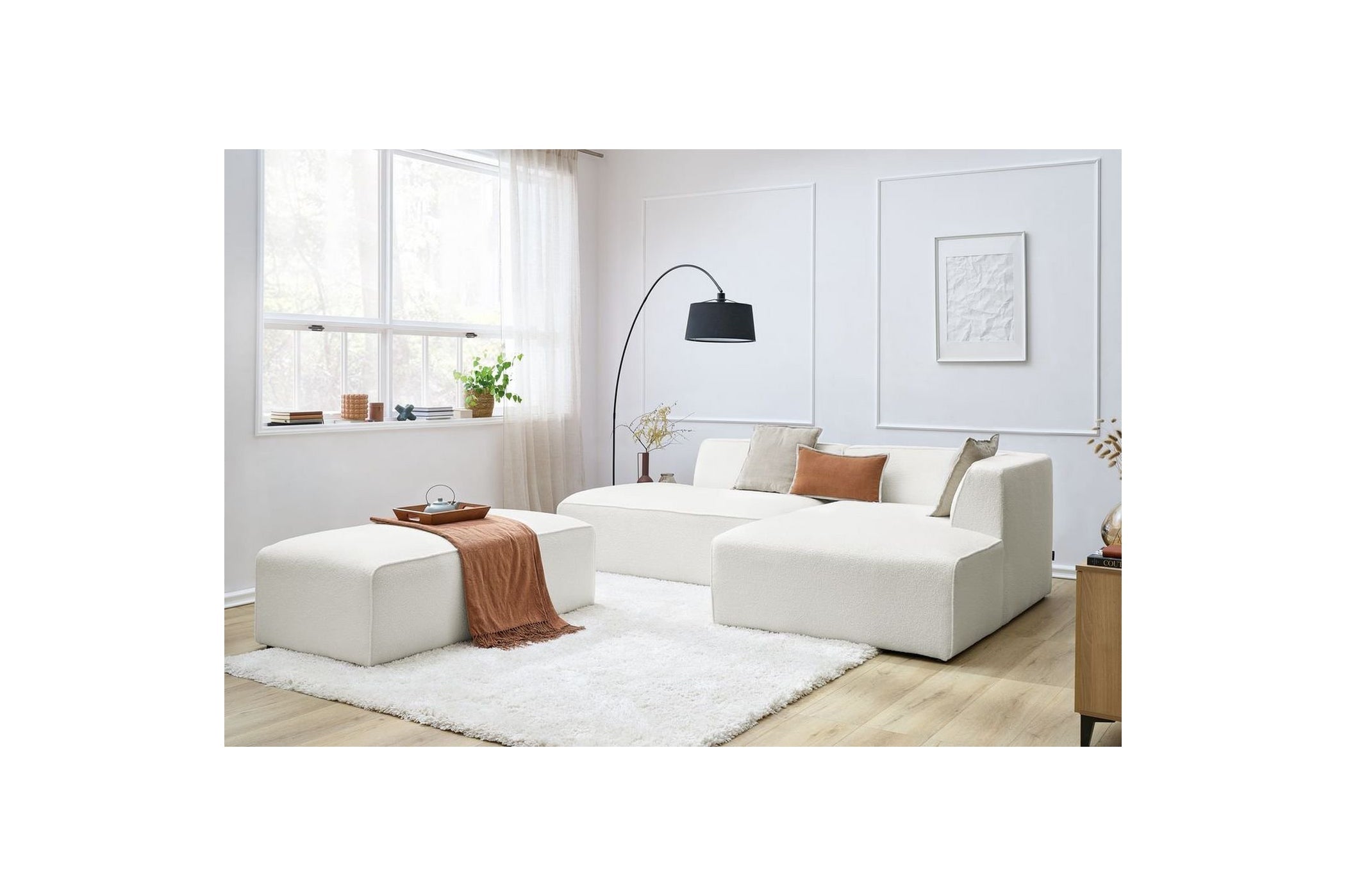 Megeve - Sofá esquinero fijo modular - Tela bouclé - Con puf - Esquina derecha