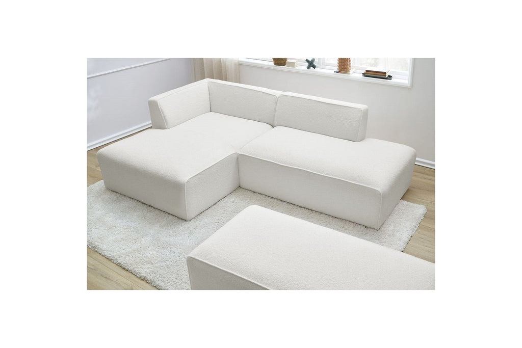 Megeve - Canapé D'Angle Fixe Modulable - Tissu Bouclette - Avec Pouf - Angle Gauche