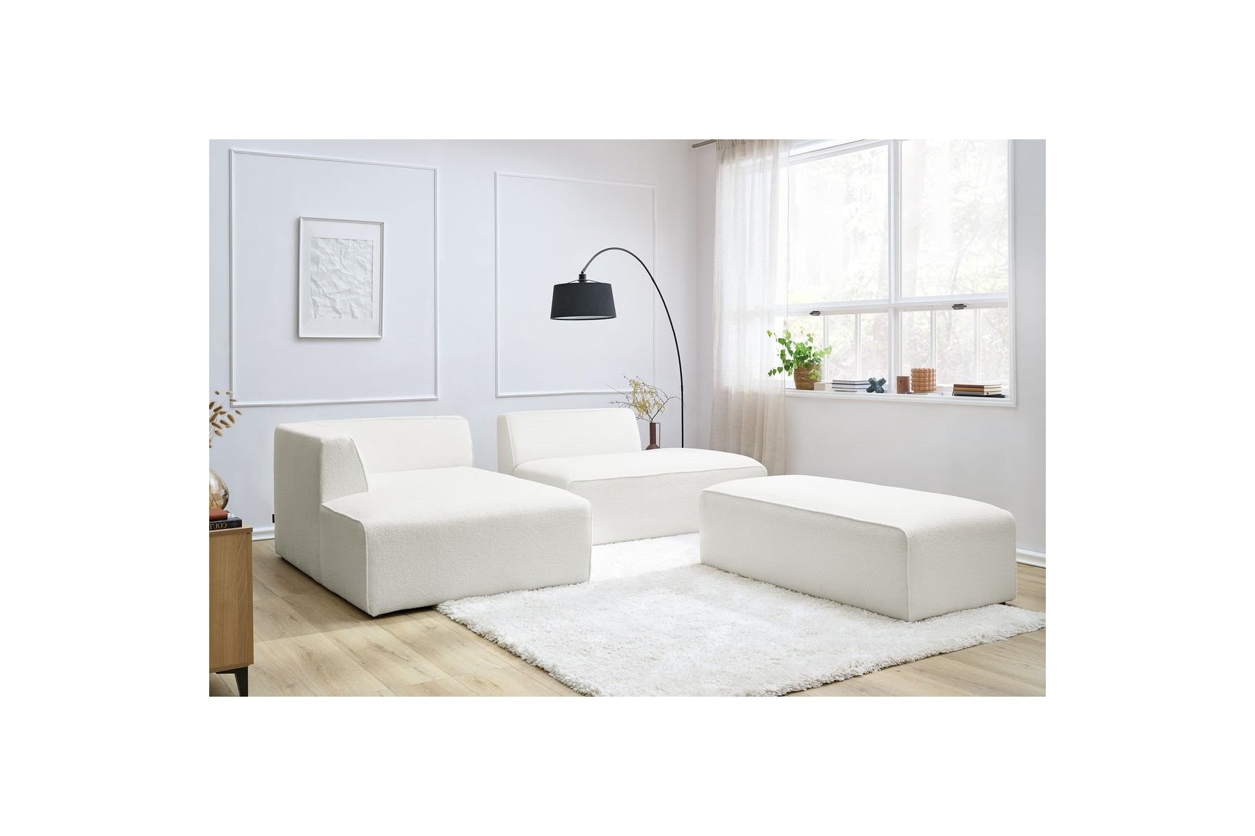 Megeve - Canapé D'Angle Fixe Modulable - Tissu Bouclette - Avec Pouf - Angle Gauche