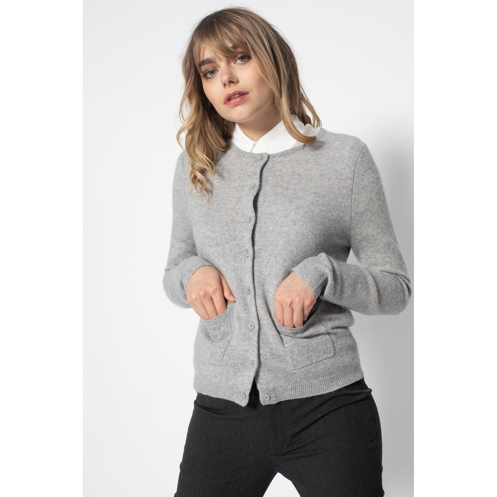 Perfect Cashmere - Cardigan Col Rond Slim Amy Gris Chine, 100% Cachemire, 2 Fils, Jersey - Femme