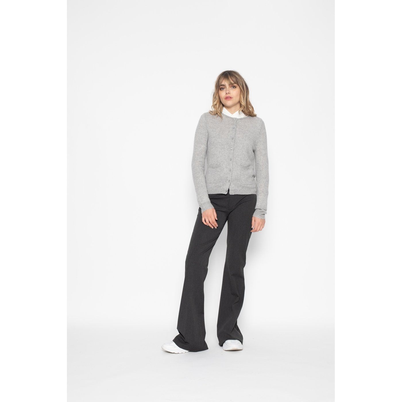 Perfect Cashmere - Cardigan Col Rond Slim Amy Gris Chine, 100% Cachemire, 2 Fils, Jersey - Femme